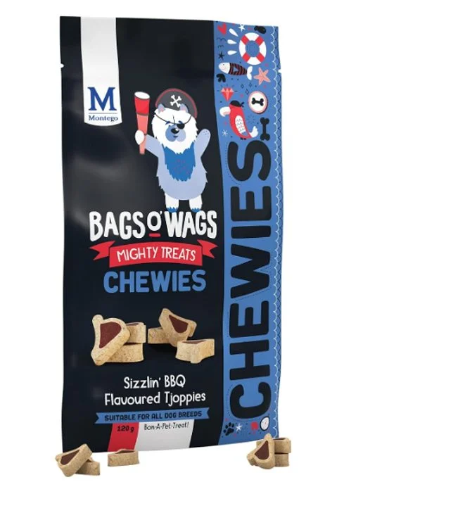 Montego-Bags-O-Wags-BBQ-Tjoppies-120g.jpg Montego Bags O' Wags Chewies BBQ Tjoppies Dog Chew Treats 120g