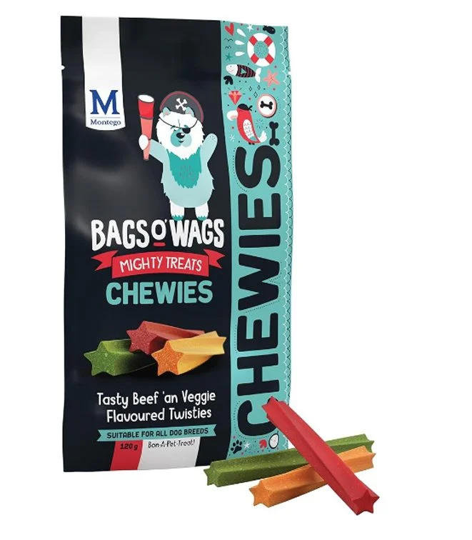 Montego-Bags-O-Wags-Beef-Veggie-120g.jpg Montego Bags O' Wags Chewies Beef & Veggie Stick Treats 120g