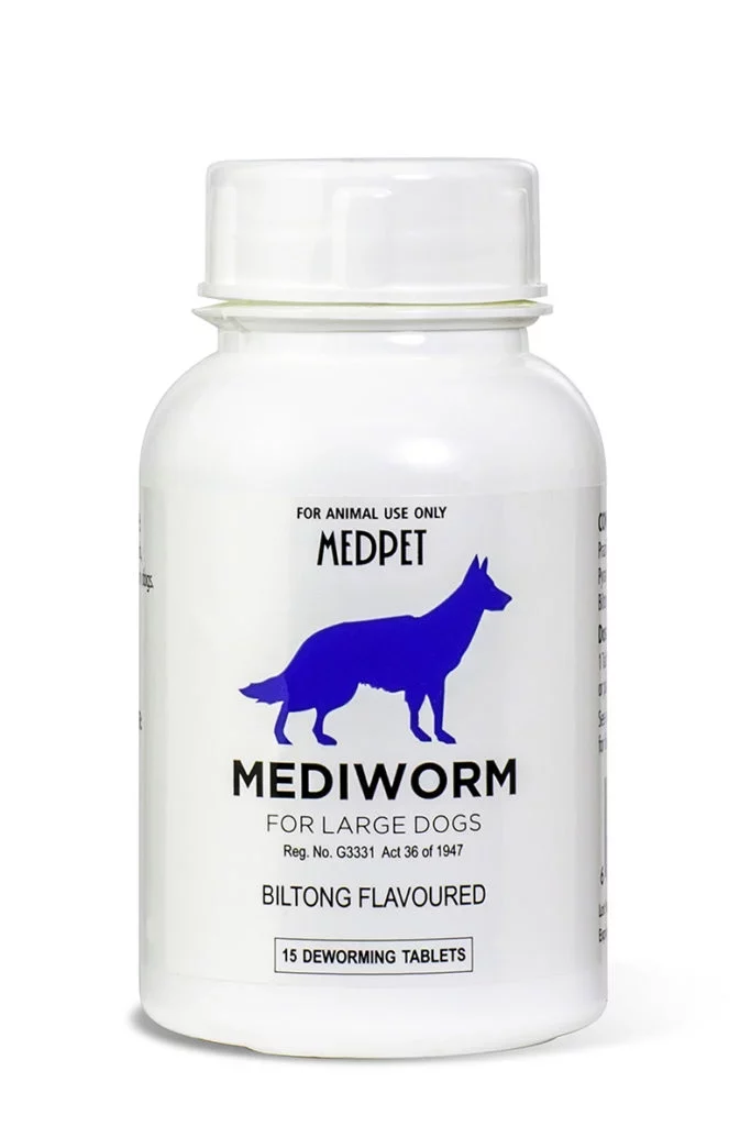 Mediworm for Large Dogs is dewormer designed specifically for large canine companions. This medication contains a combination of Praziquantel (300mg) and Pyrantel pamoate (800mg) to combat common parasitic worm infestations, such as Hookworm, Roundworm and Tapeworm. The tablets are biltong flavoured to ensure easy administration, with no risk of causing nausea or vomiting. With an effective dosage of one tablet for every 40 kg of bodyweight, Mediworm offers excellent value for money, making it an essential addition to your dog’s healthcare routine. Each pack contains 15 tablets. Who is the Product for This product is for large dogs that require treatment for Hookworm, Roundworm or Tapeworm infections. Key Benefits Broad-spectrum dewormer for common parasitic worms Highly palatable biltong flavoured tablets Effective dosage for large dogs Cost-effective solution for worm treatment Directions for Use Mediworm for Large Dogs
